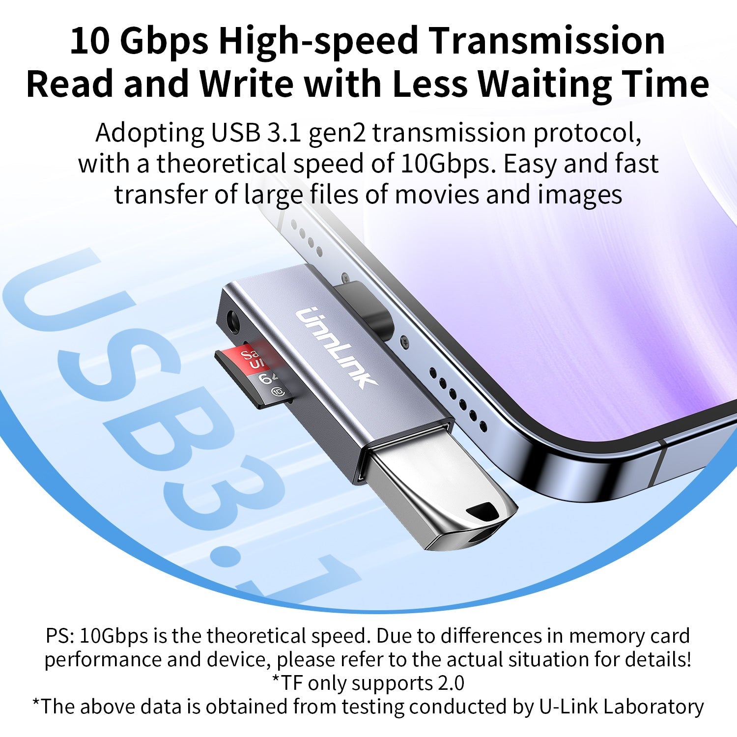 Portable 2-in-1 USB-C to USB3.1 & TF2.0 10Gbps Card Reader