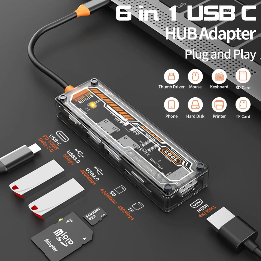 6 in 1 Transparent USB C Hub